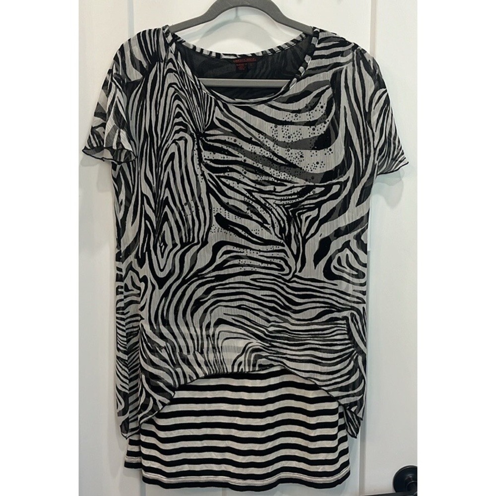Simon Chang Women's Sheer Cap Sleeve Zebra Print Black White Top Blouse Size‎ 6
